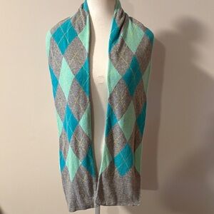 J. Crew Cashmere Blend Gray and Teal Argyle Scarf.